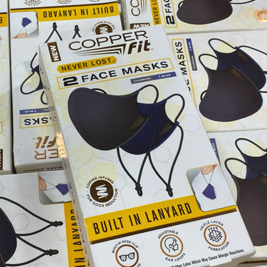COPPERfit Never Lost 2 Face Masks 1 Charcoal & 1 Blue Buillt In Lanyard
